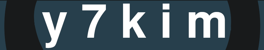 Dark and blue styled y7kim Logo with white text.